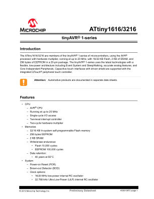 ATTINY1616-MNR 数据手册首页