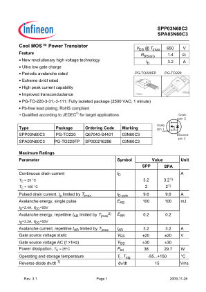 SPP-A03N60C3 datasheet cover page