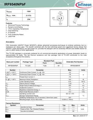 IRF9540NPBF datasheet cover page