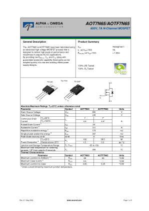 AOTF7N65 datasheet cover page