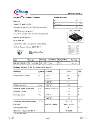 BSZ120P03NS3E-G datasheet cover page
