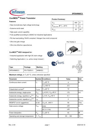 SPD04N80C3 datasheet cover page