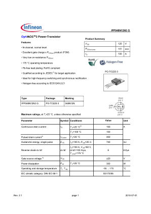 IPP048N12N3-G datasheet cover page