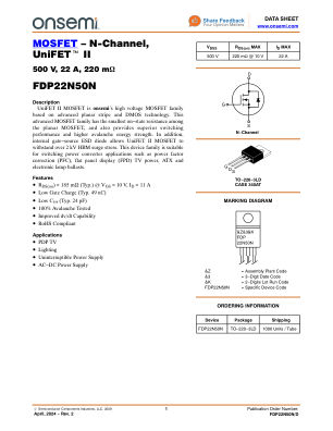 FDP22N50N datasheet cover page