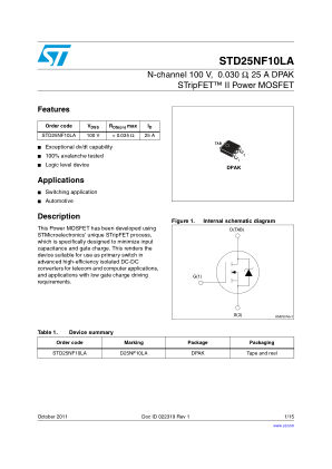 STD25NF10LA datasheet cover page