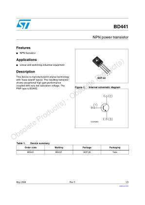 BD441 datasheet cover page