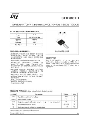 STTH806TTI 数据手册首页