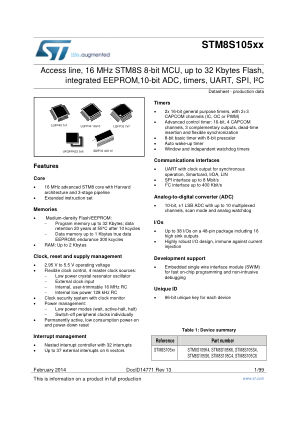 STM8S105xx datasheet cover page