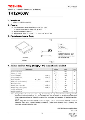 TK12V60W 数据手册首页