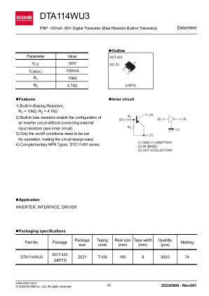 DTA114WU3 datasheet cover page