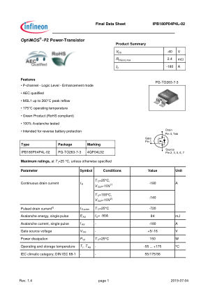 IPB180P04P4L-02 datasheet cover page