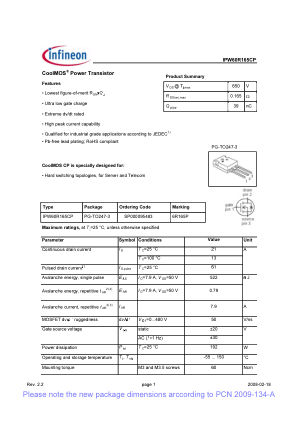 IPW60R165CP 数据手册首页