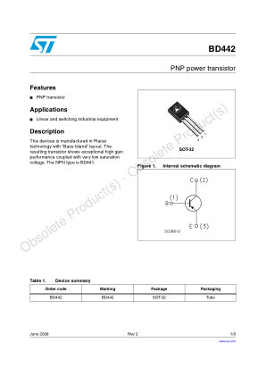BD442 datasheet cover page