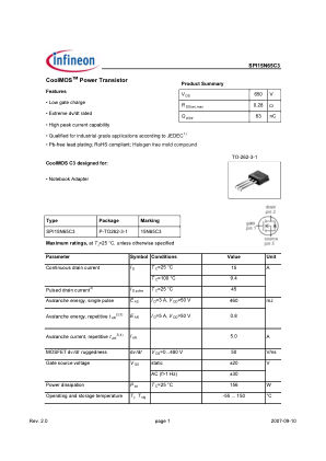 SPI15N65C3 datasheet cover page