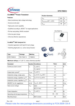 SPW17N80C3 datasheet cover page