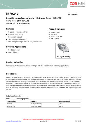 IRF9240 datasheet cover page