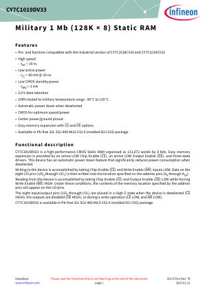 CY7C1019DV33-10VXM datasheet cover page