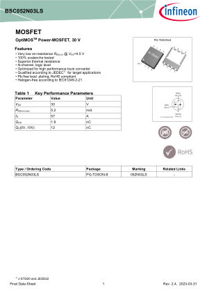 BSC052N03LS datasheet cover page