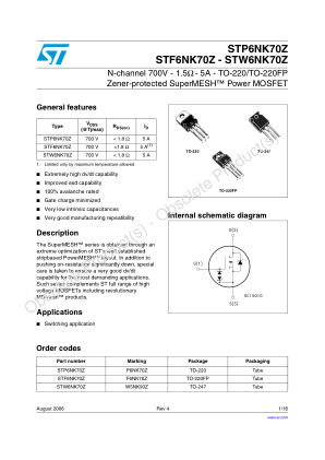 STF6NK70Z 数据手册首页