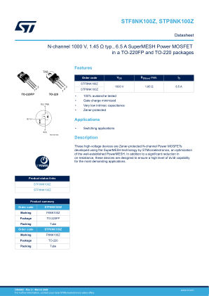 STF8NK100Z 数据手册首页