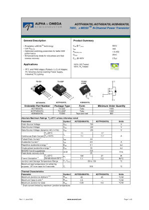 AOTF450A70L 数据手册首页