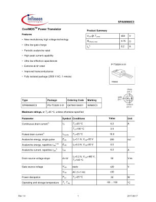 SPA06N60C3 datasheet cover page