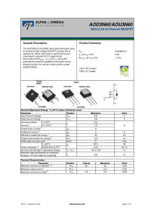 AOU3N60 datasheet cover page