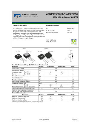 AOWF12N50 datasheet cover page