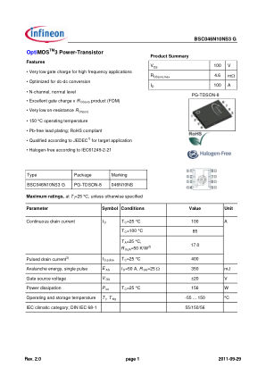BSC046N10NS3 datasheet cover page