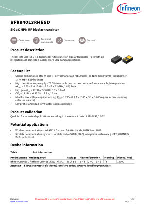 BFR840L3RHESD datasheet cover page