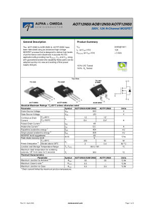 AOTF12N50 datasheet cover page