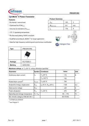 IPB020N10N5 datasheet cover page