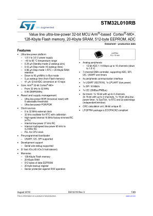 STM32L010RB 数据手册首页