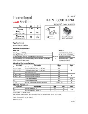 IRLML0030 数据手册首页