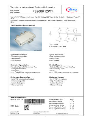 FS200R12PT4 datasheet cover page