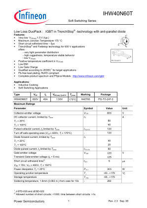 IHW40N60T-D20 datasheet cover page