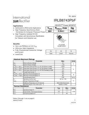 IRLB8743 数据手册首页