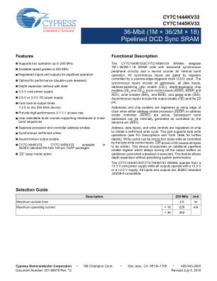 CY7C1444KV33-250AXC datasheet cover page