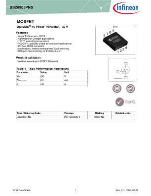 BSZ0905PNS 数据手册首页