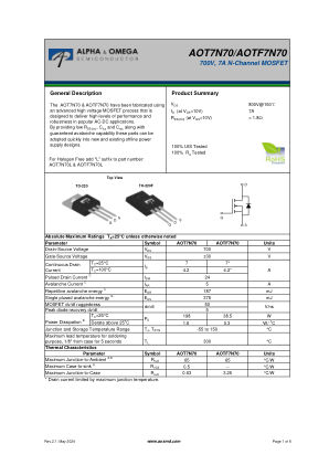AOTF7N70 datasheet cover page