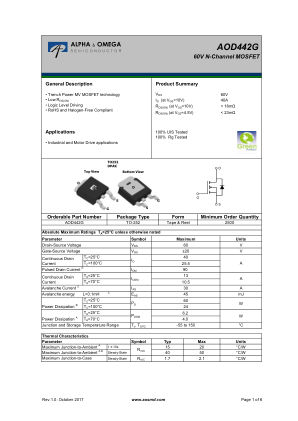 AOD442G datasheet cover page