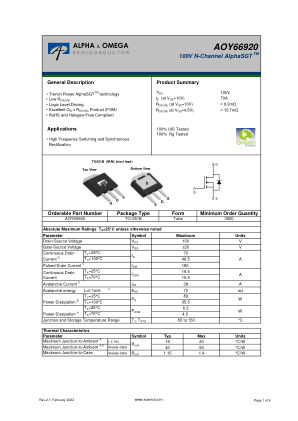 AOY66920 datasheet cover page