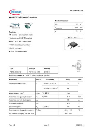 IPD70N10S3-12 datasheet cover page