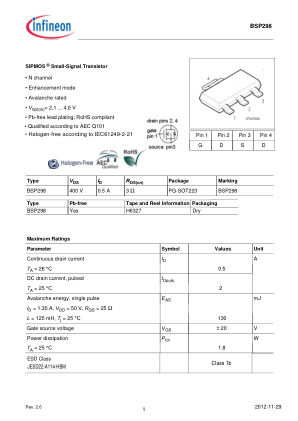BSP298 datasheet cover page