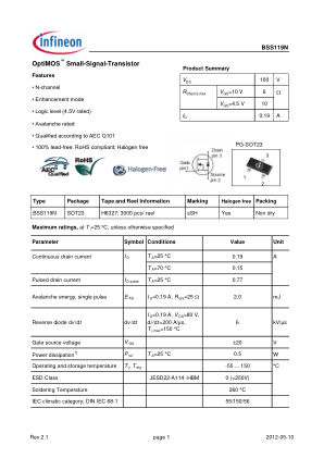 BSS119N datasheet cover page