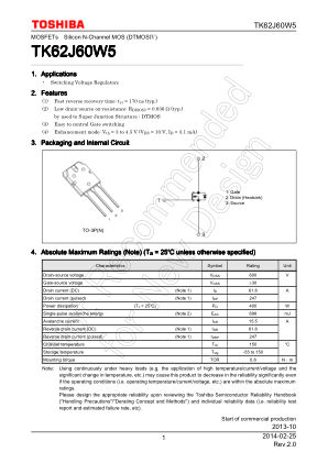 TK62J60W5 数据手册首页