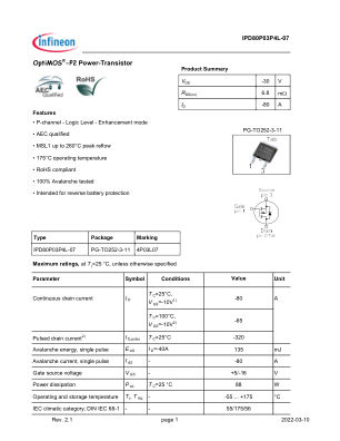 IPD80P03P4L-07 datasheet cover page