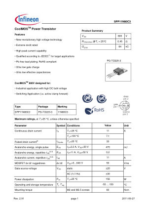 SPP11N80C3 datasheet cover page