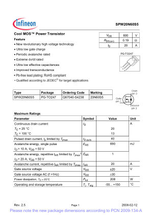 SPW20N60S5 datasheet cover page