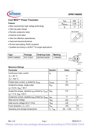 SPW11N60S5 datasheet cover page